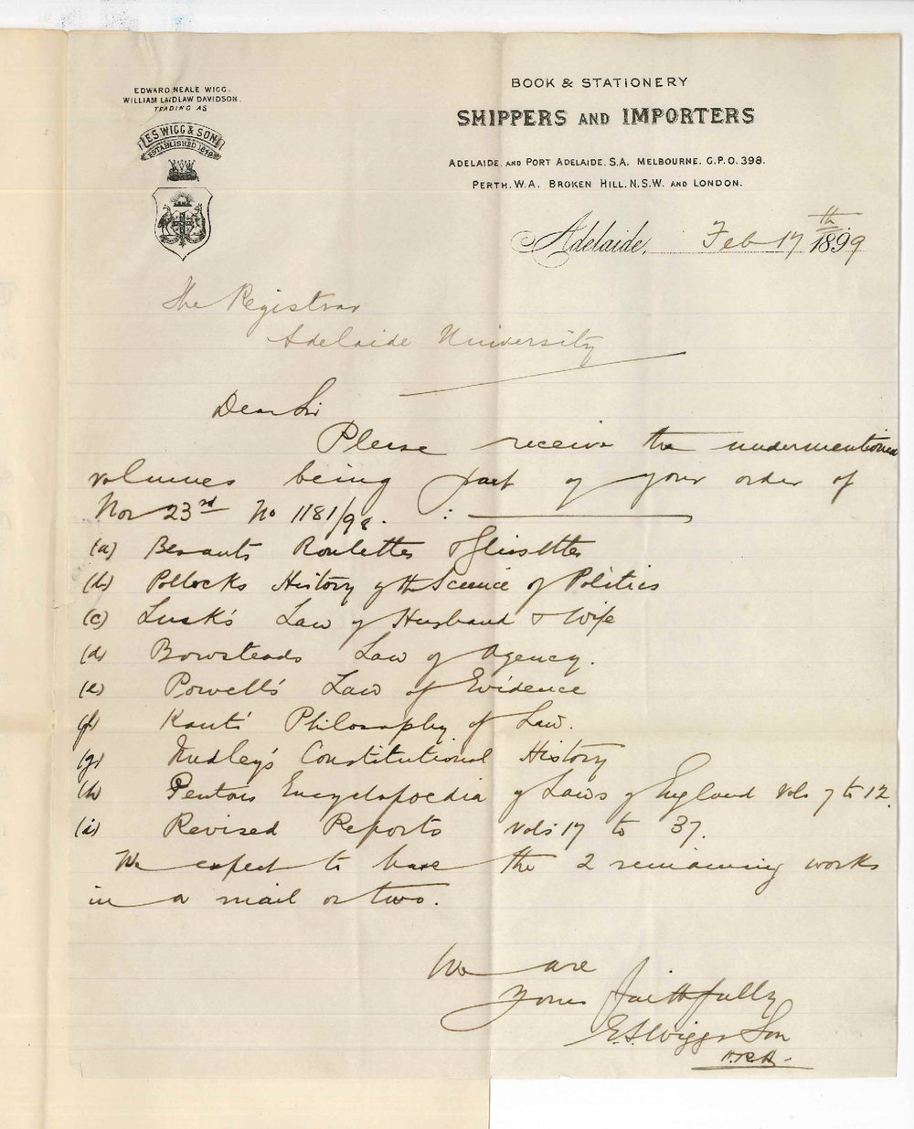 E S Wigg and Son - Adelaide - Forwarding books ordered 23 November 1898