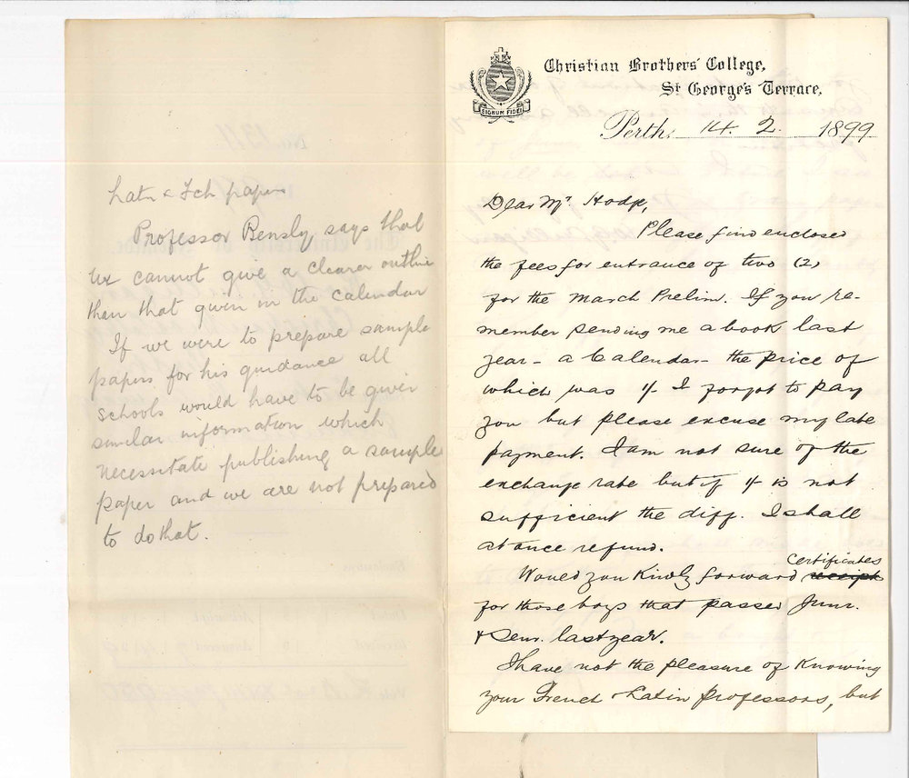 Reverend W G Culligan - Christian Brothers College - Perth - Entries Preliminary Examination