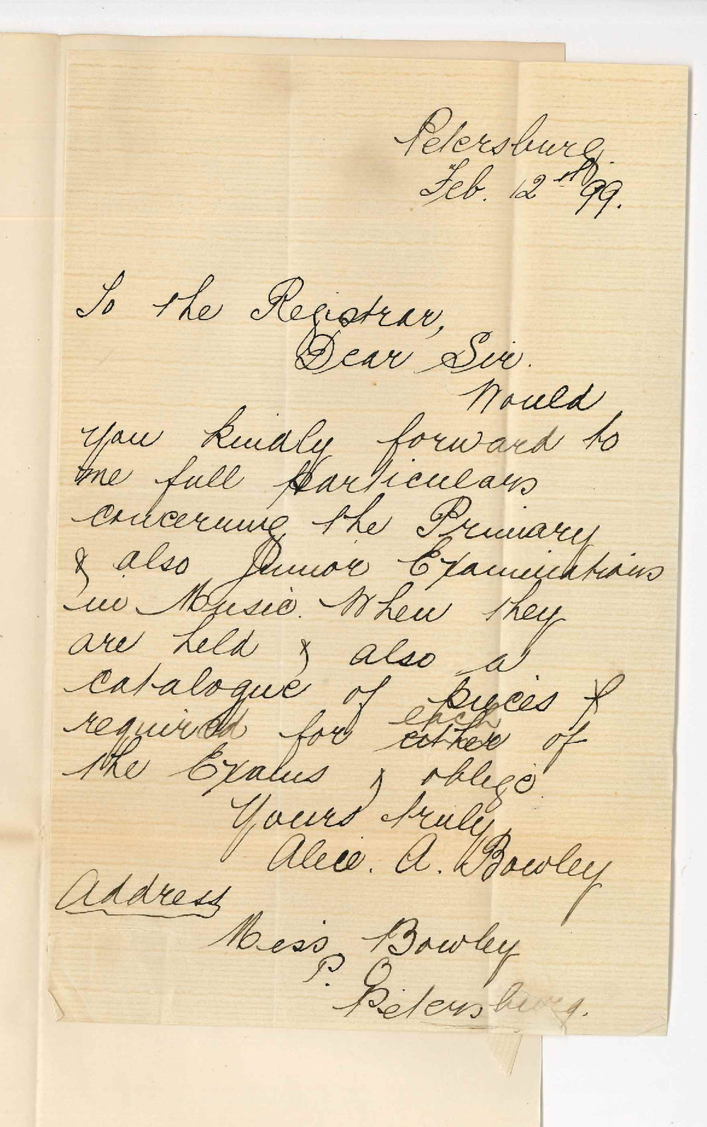 Miss Alice Bowley - Petersburg - Request for details of Music Exams