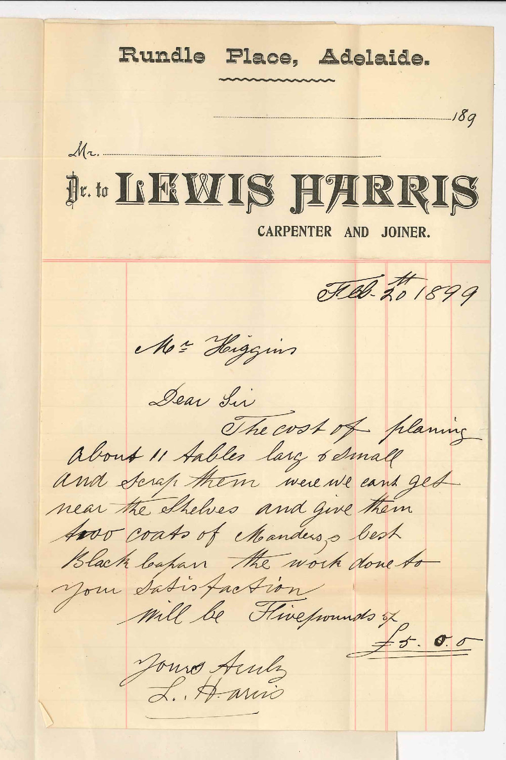 Lewis Harris - Adelaide - Cost of planing Tables