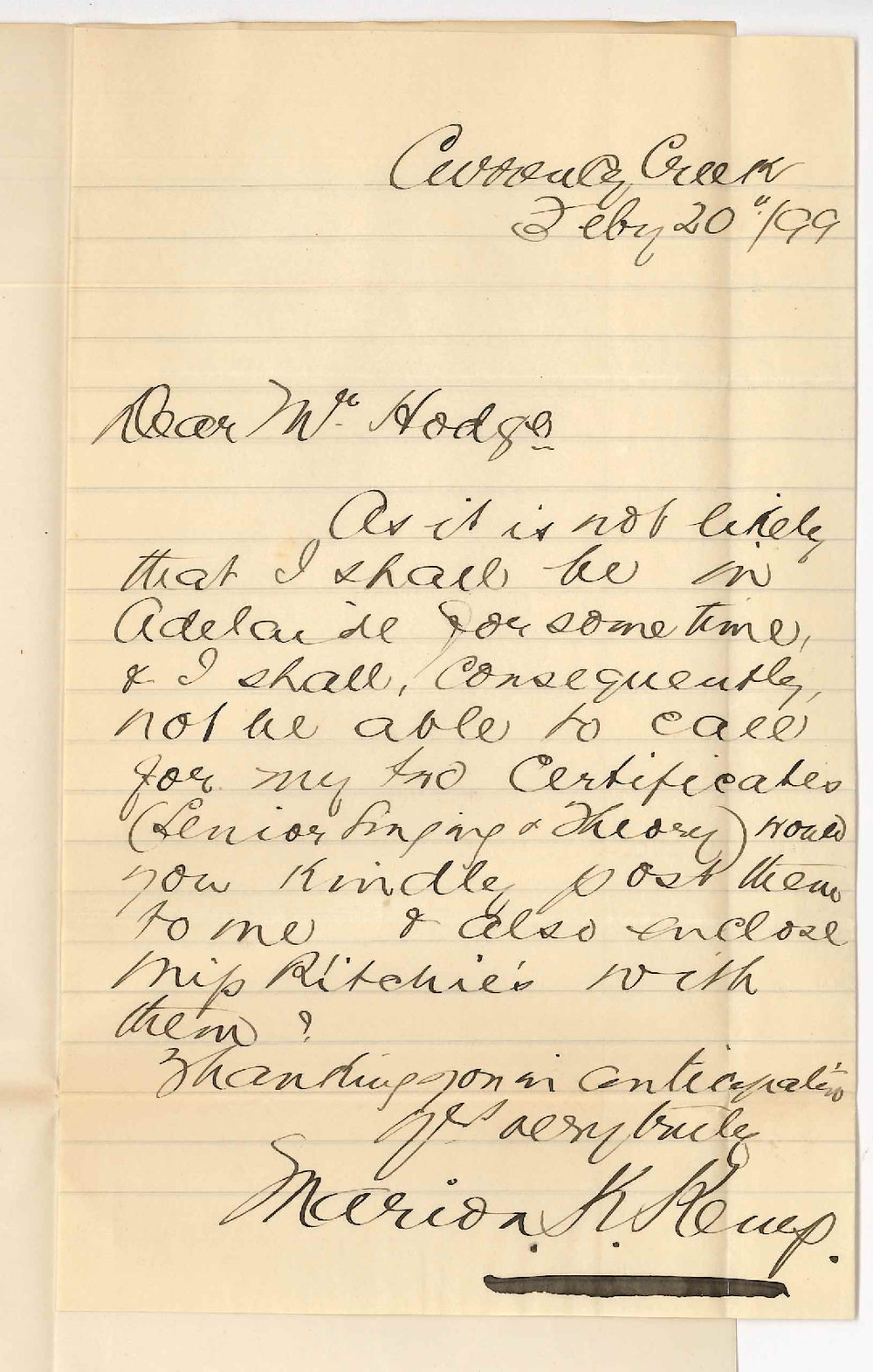 Marion Kirkwood Kemp - Currency Creek - Request for Certificates