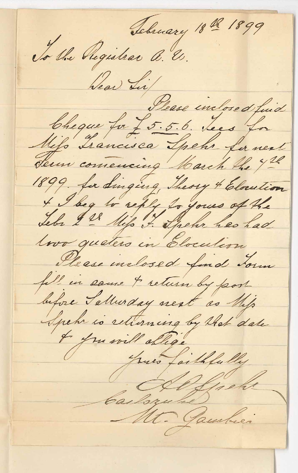 A O Spehr - Mount Gambier - Regarding Elocution Class