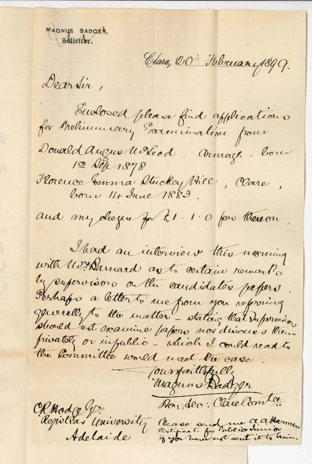 Magnus Badger - Clare - Entries Preliminary Exam Action of Supervisor at recent Examination