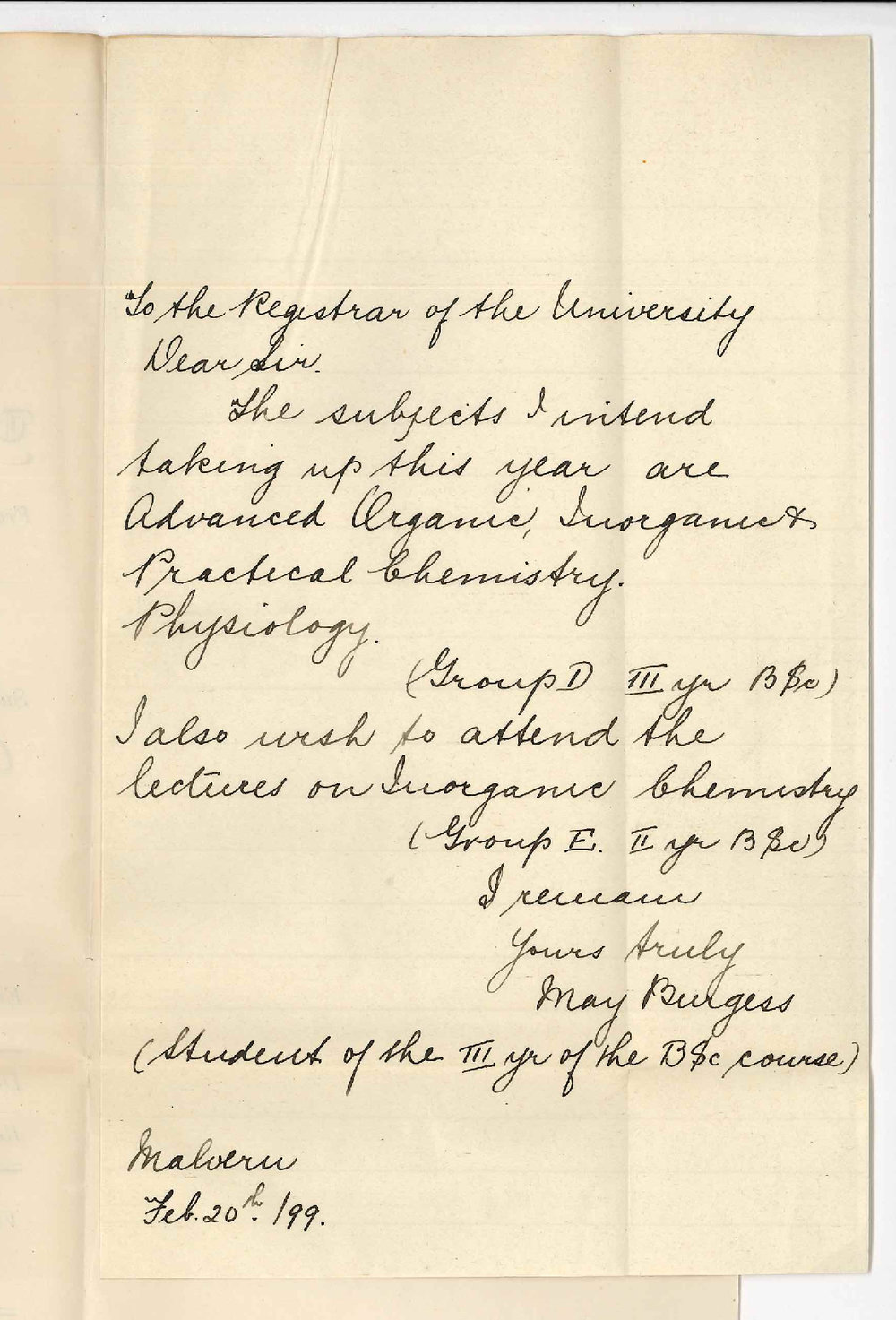 Miss May Burgess - Malvern - Subjects in BSc Course