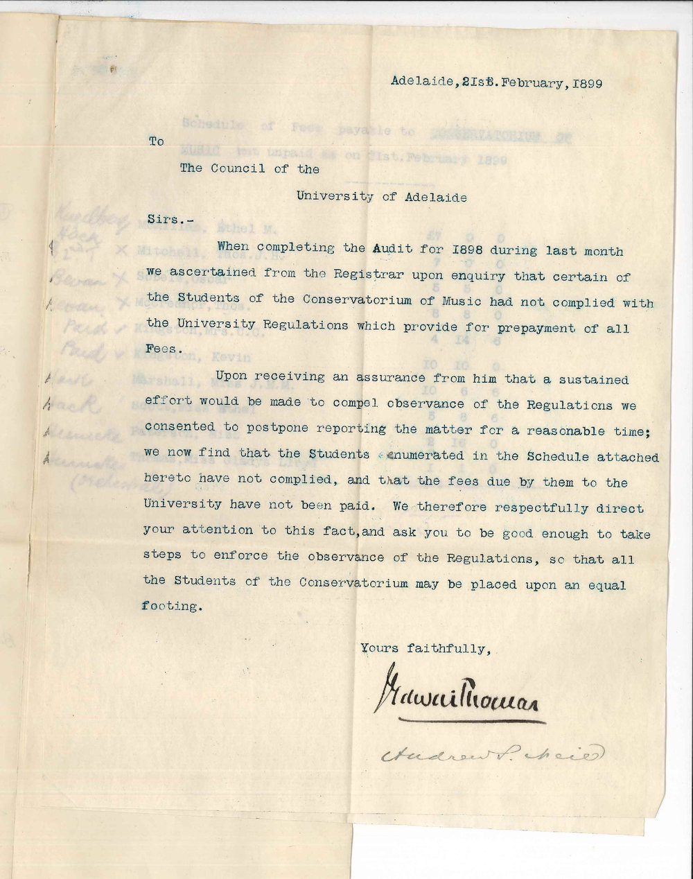 J Edwin Thomas and A S Neill - Conservatorium Fees overdue