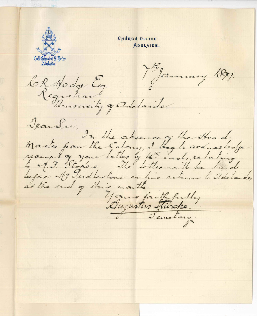 A Sturche - Secretary - Collegiate School of St Peters Adelaide - Acknowledging letter of 4th Instant