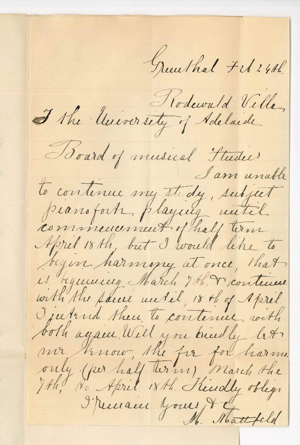 Miss M Mattfeld - Studies at Conservatorium