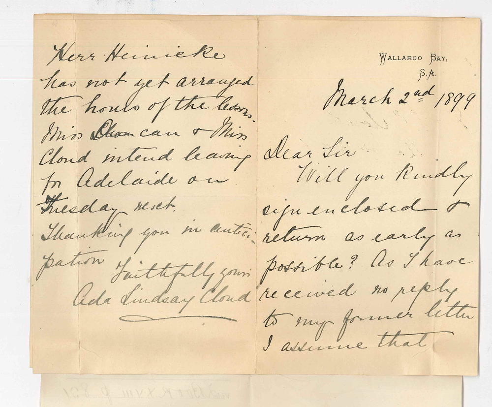 Mrs Ada Lindsay Cloud - Wallaroo Bay - Date Conservatorium opens