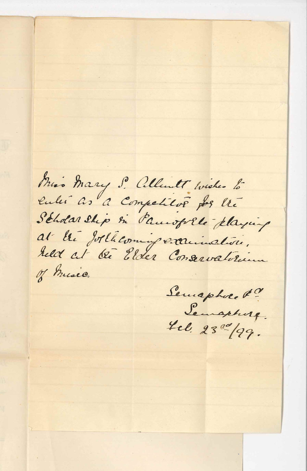 Miss Mary S Alluntt - Semaphore - Entry for Elder Scholarship