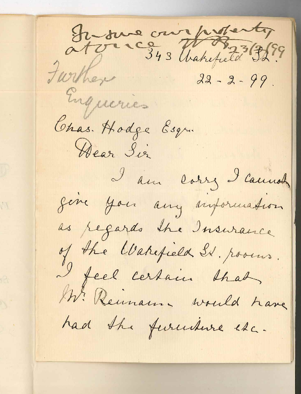 Mrs Marie Reimann - 343 Wakefield Street - Concerning Insurance of Rooms in Wakefield Street