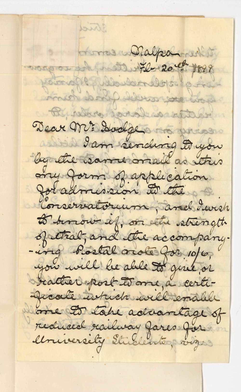 Miss F F Bonnin - Nalpa - Concerning Studies at Conservatorium