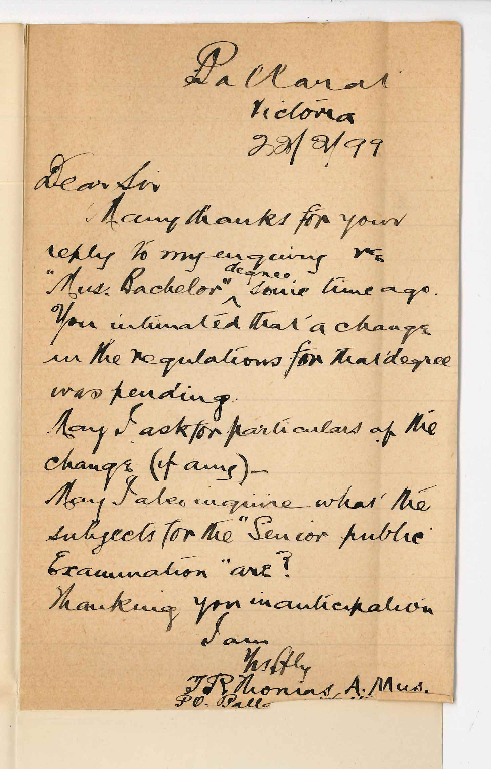 T R Thomas - Ballarat Victoria - Senior Public and Music Bachelor Exams