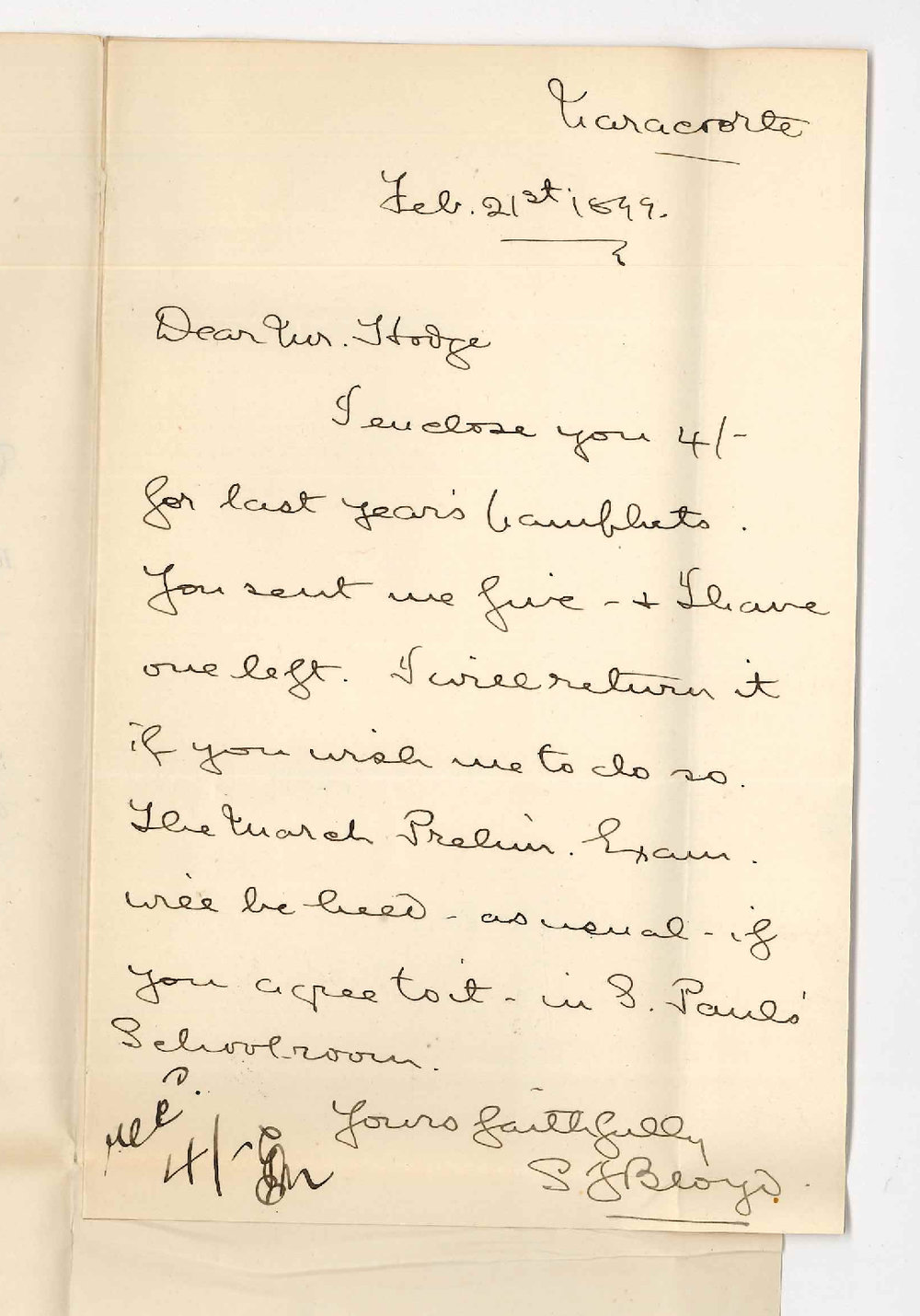 Reverend S J Bloyd - Narracoorte - Concerning March Preliminary Exam