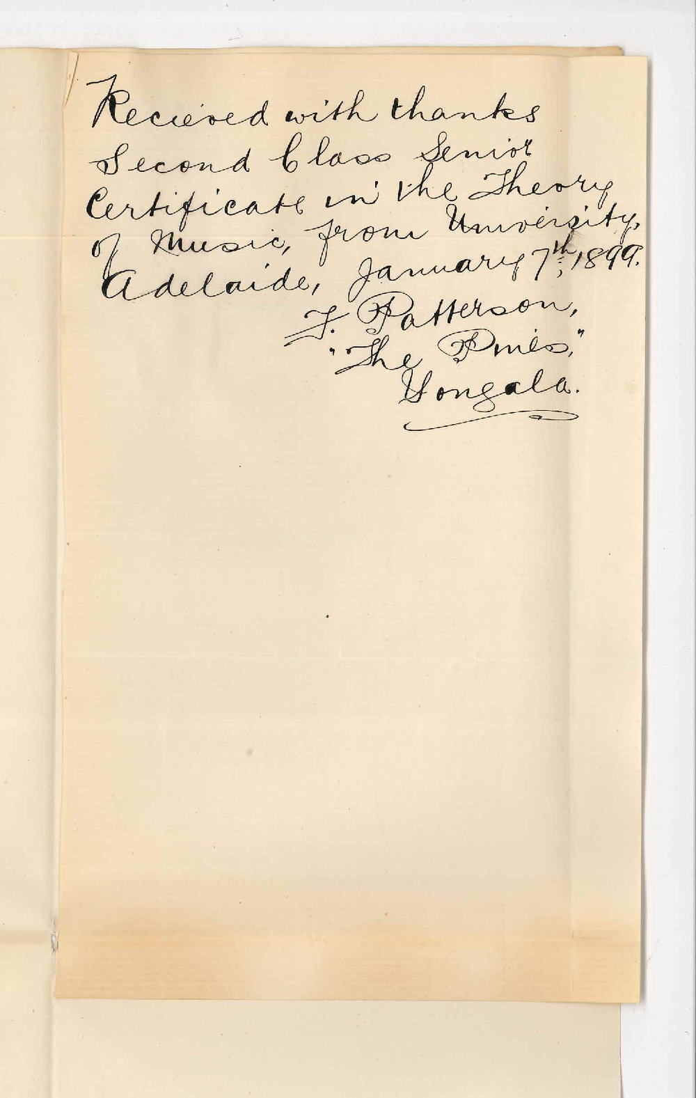 Miss F Patterson - Yongala - Acknowledging receipt of Senior Theory Certificate