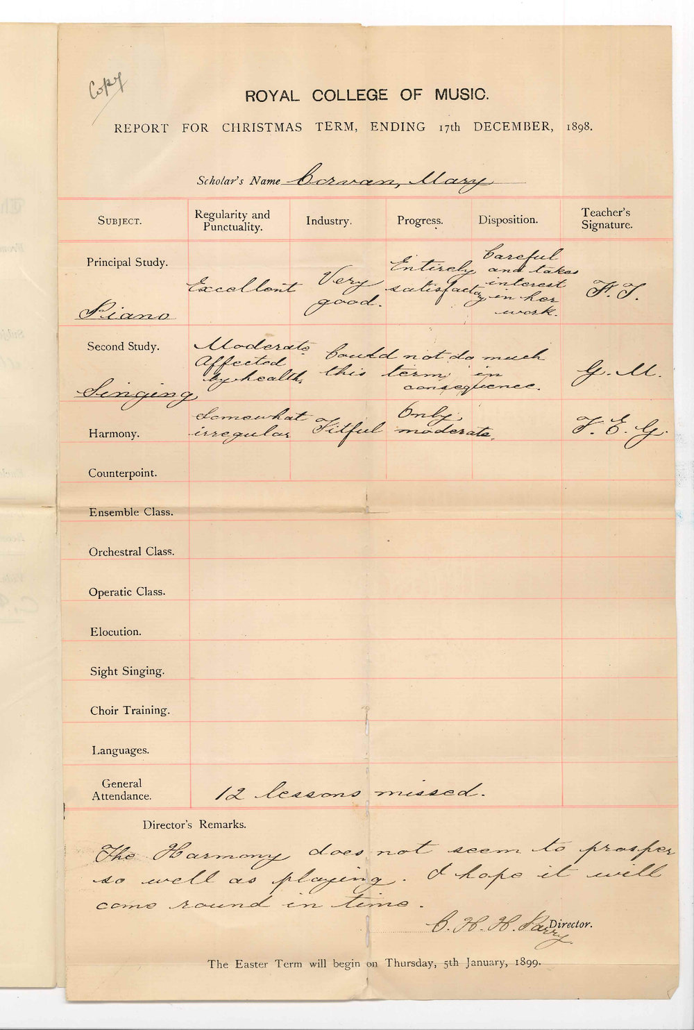 C Herbert H Parry - Director - Royal College of Music - London - Progress Report Miss Mary Corvan