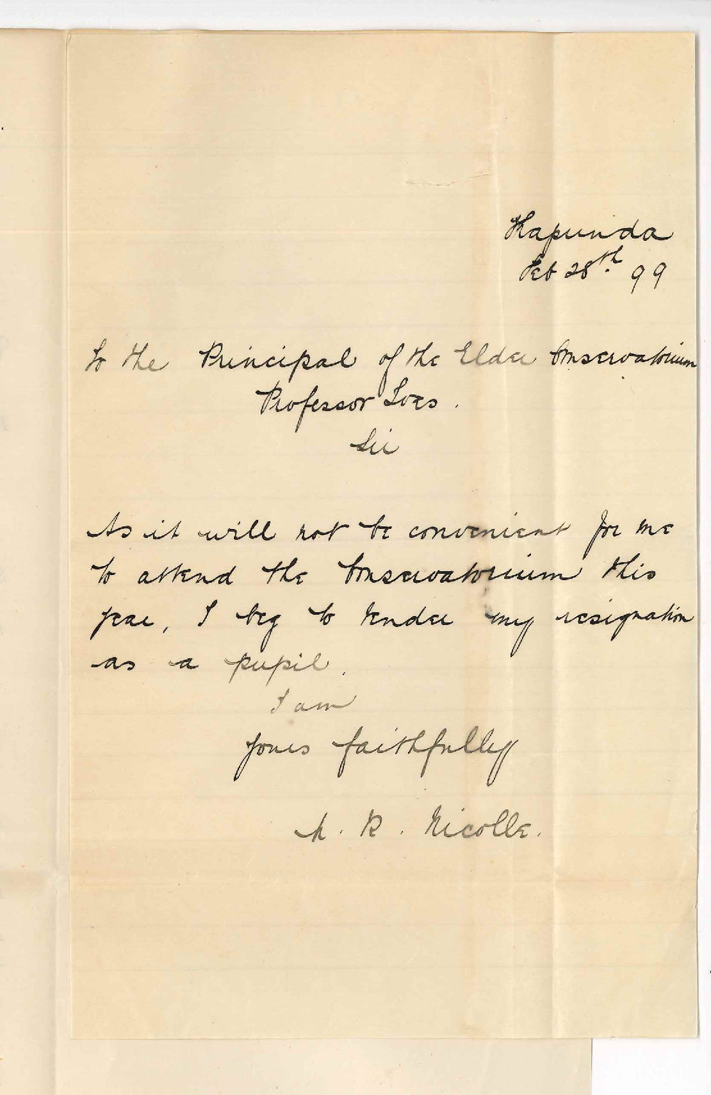 Miss Mabel R Nicolle - Kapunda - Will discontinue lessons at Conservatorium