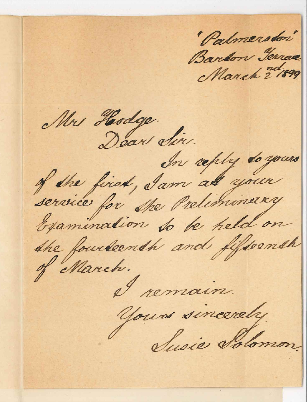 Susie Solomon - North Adelaide - Will act as Supervisor at Preliminary Examination