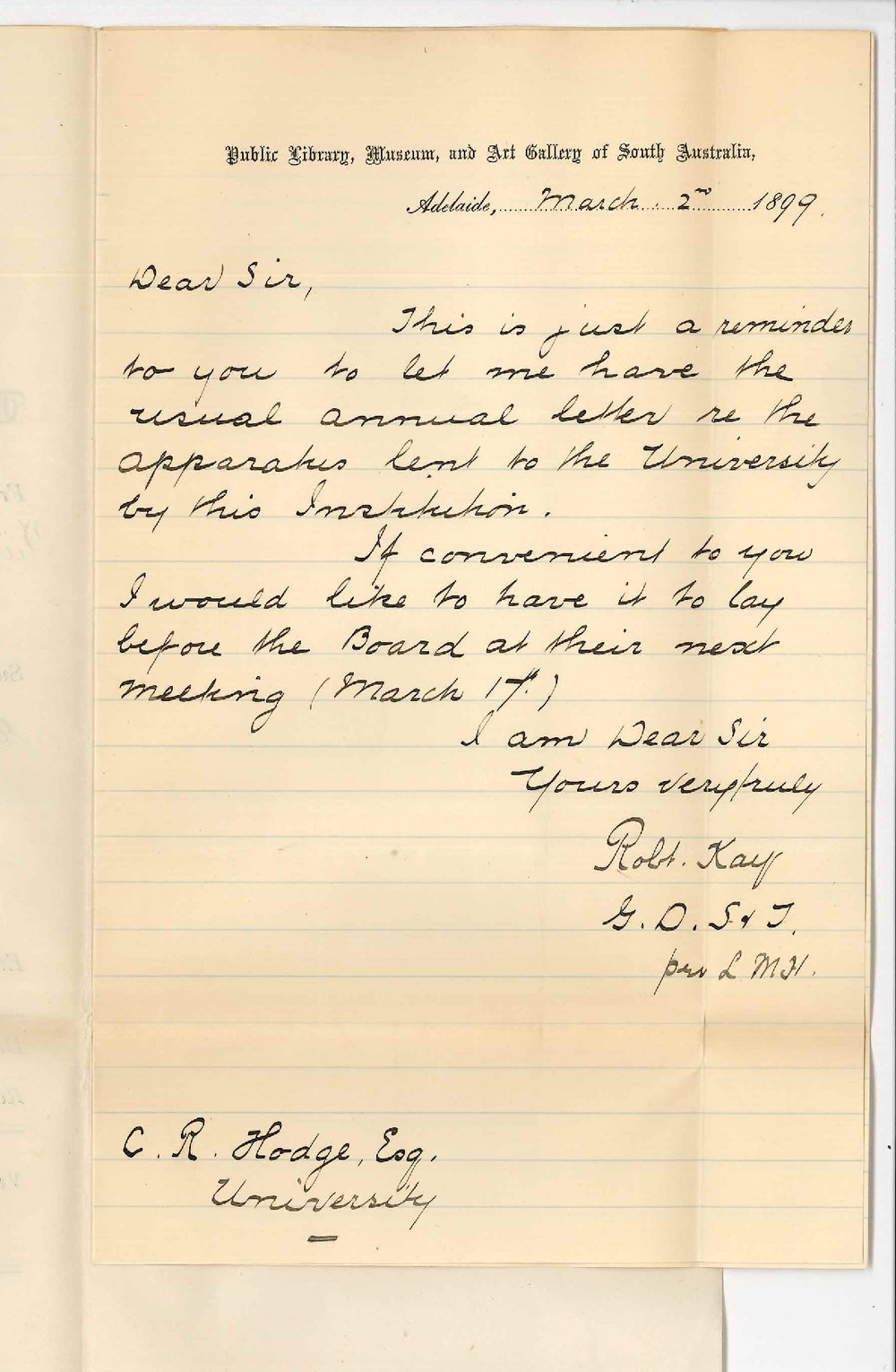 Robert Kay - Director Public Library Museum and Art Gallery - Request for letter re apparatus
