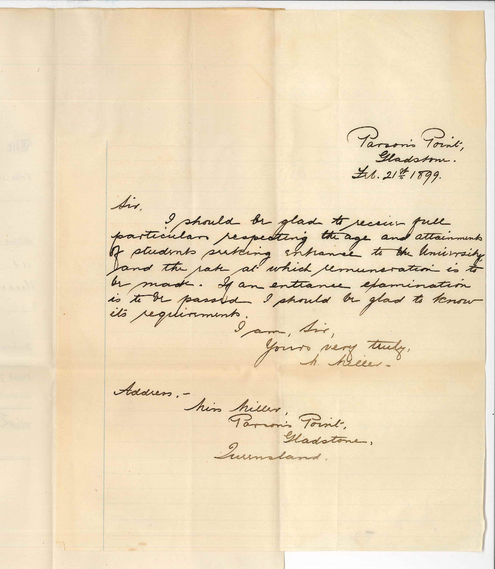 Miss M Miller - Gladstone Queensland - Concerning entrance as Student to the University of Adelaide