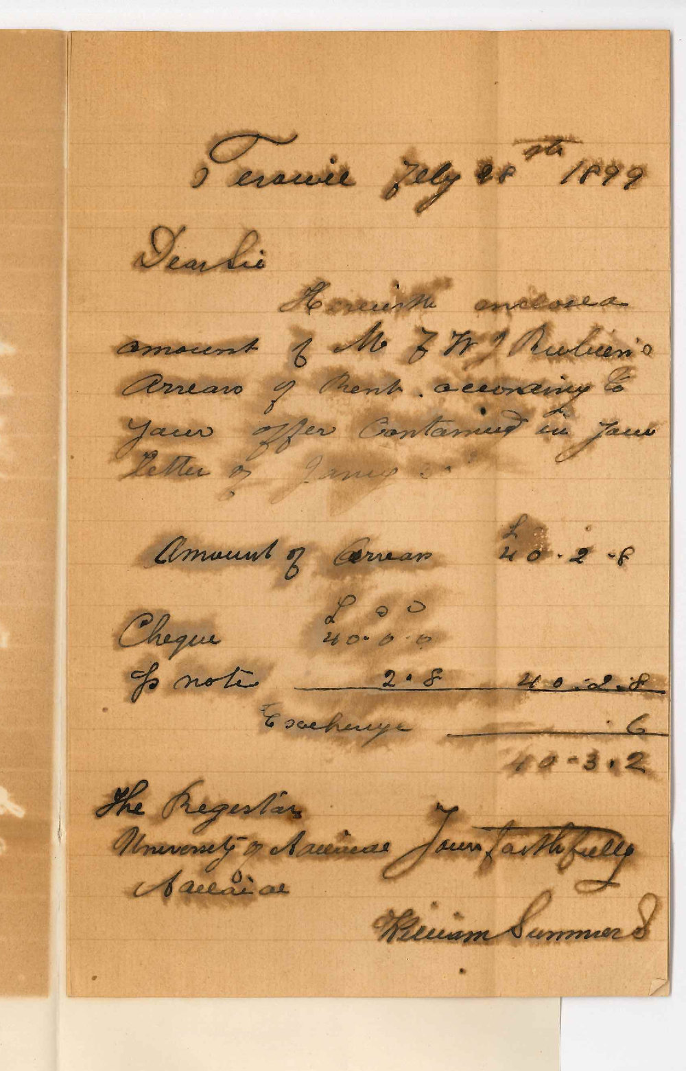 William Summers - Terowie - Forwarding cheque for Arrears of Rent Account Mr F W J Rubien