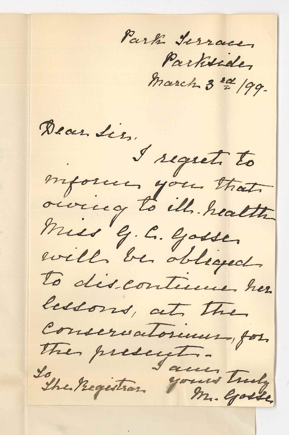 Mrs M Gosse - Parkside - Miss G C Gosse will discontinue at Conservatorium