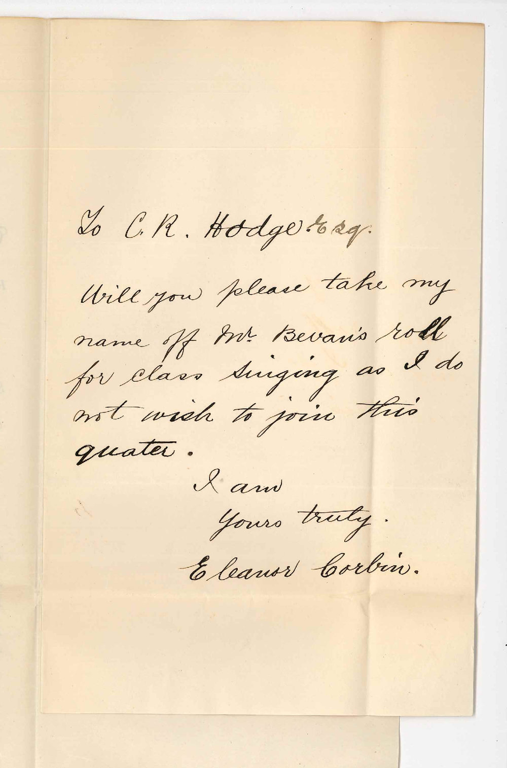 Miss Eleanor Corbin - Will not continue as a Student in Mr Bevans Class