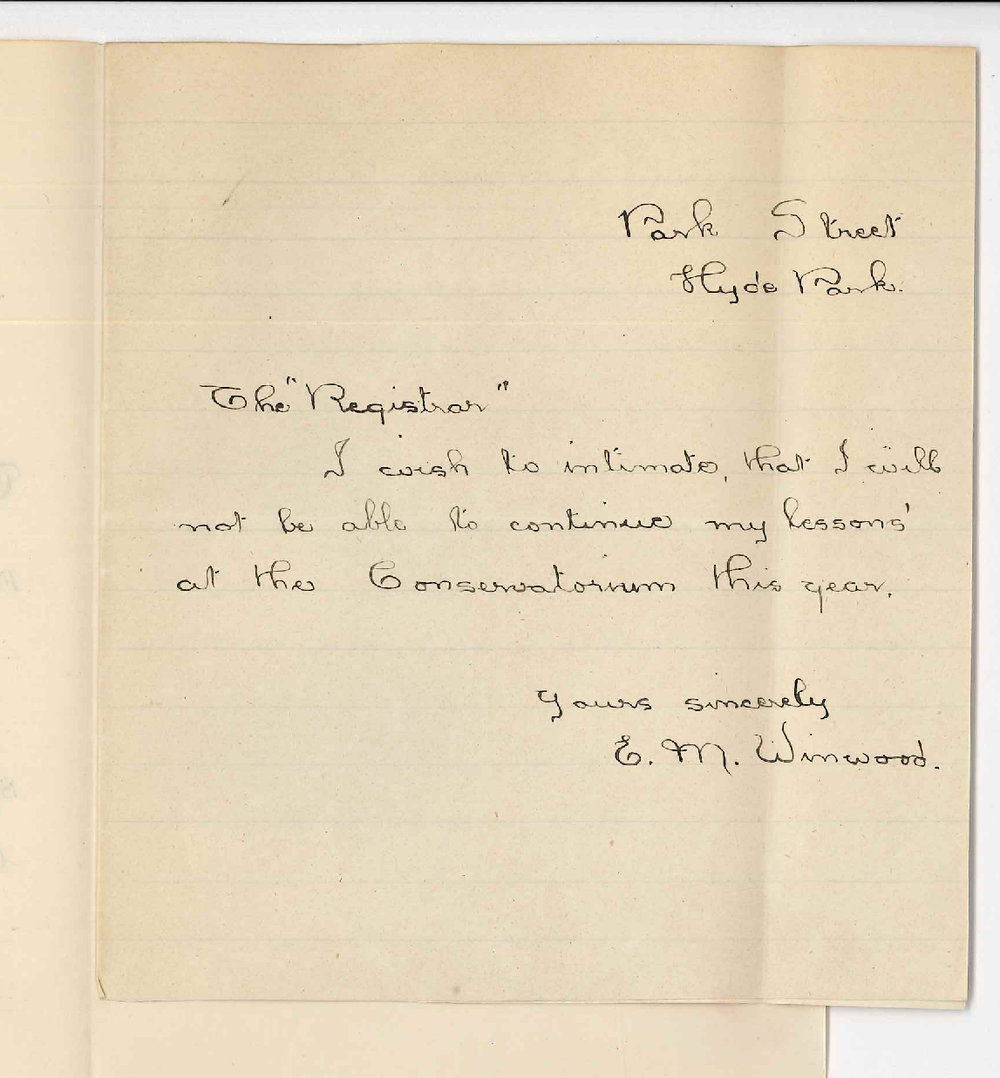 Miss E M Winwood - Hyde Park - Discontinuing lessons at Conservatorium