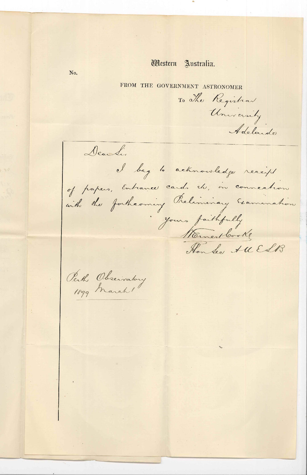 W Ernest Cooke - Honorary Secretary - Government Astronomer - Western Australia - Acknowledging receipt of papers in connection with Preliminary Examination