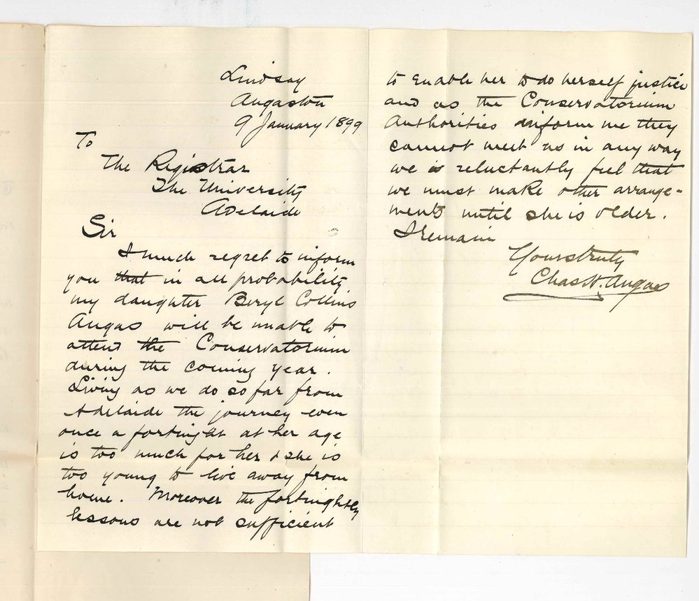 Charles Howard Angas - Angaston - Miss B C Angas will not continue lessons at Conservatorium