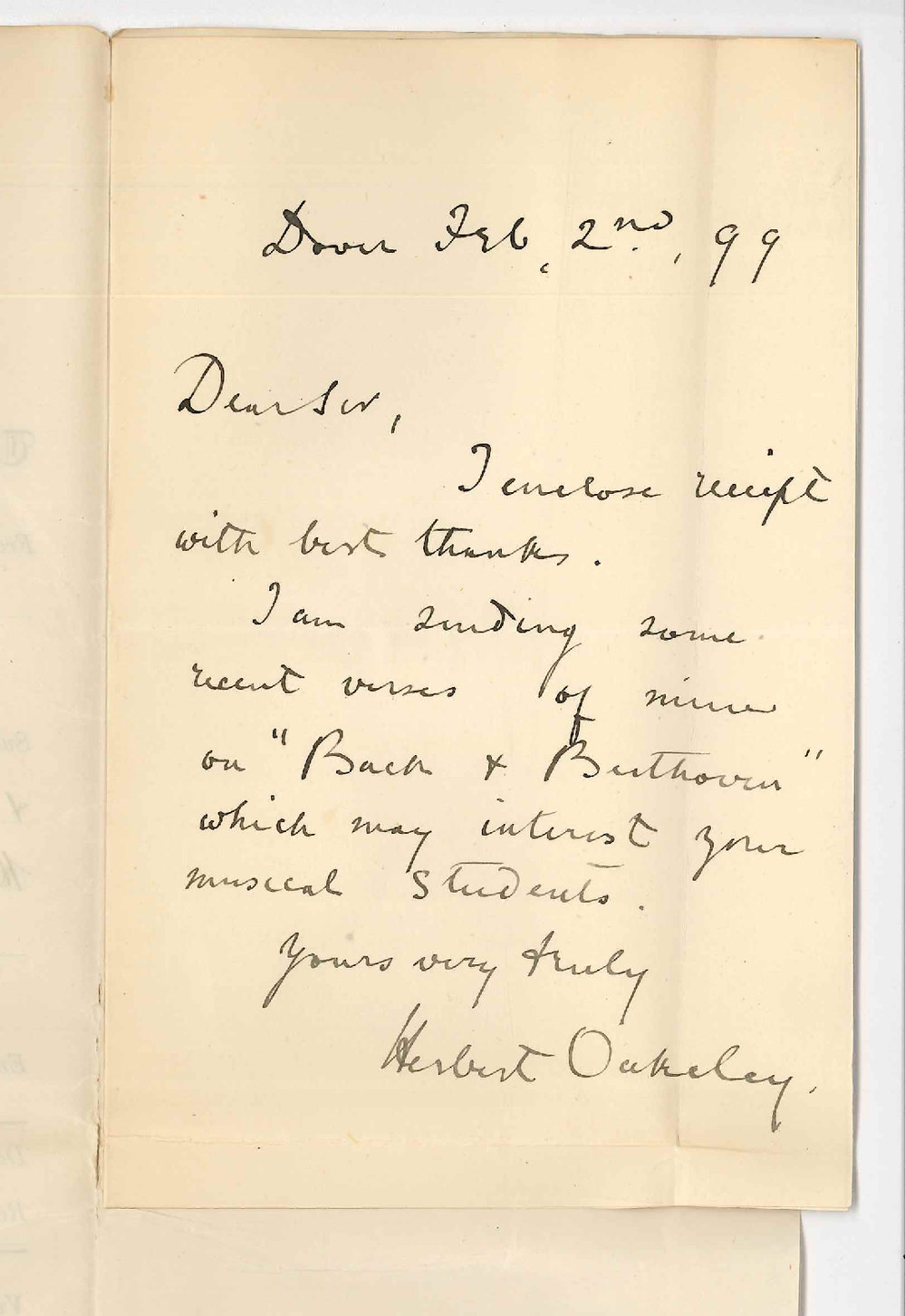 Sir Herbert Oakeley - Dover - Forwarding Receipt and verses on Bach and Beethoven