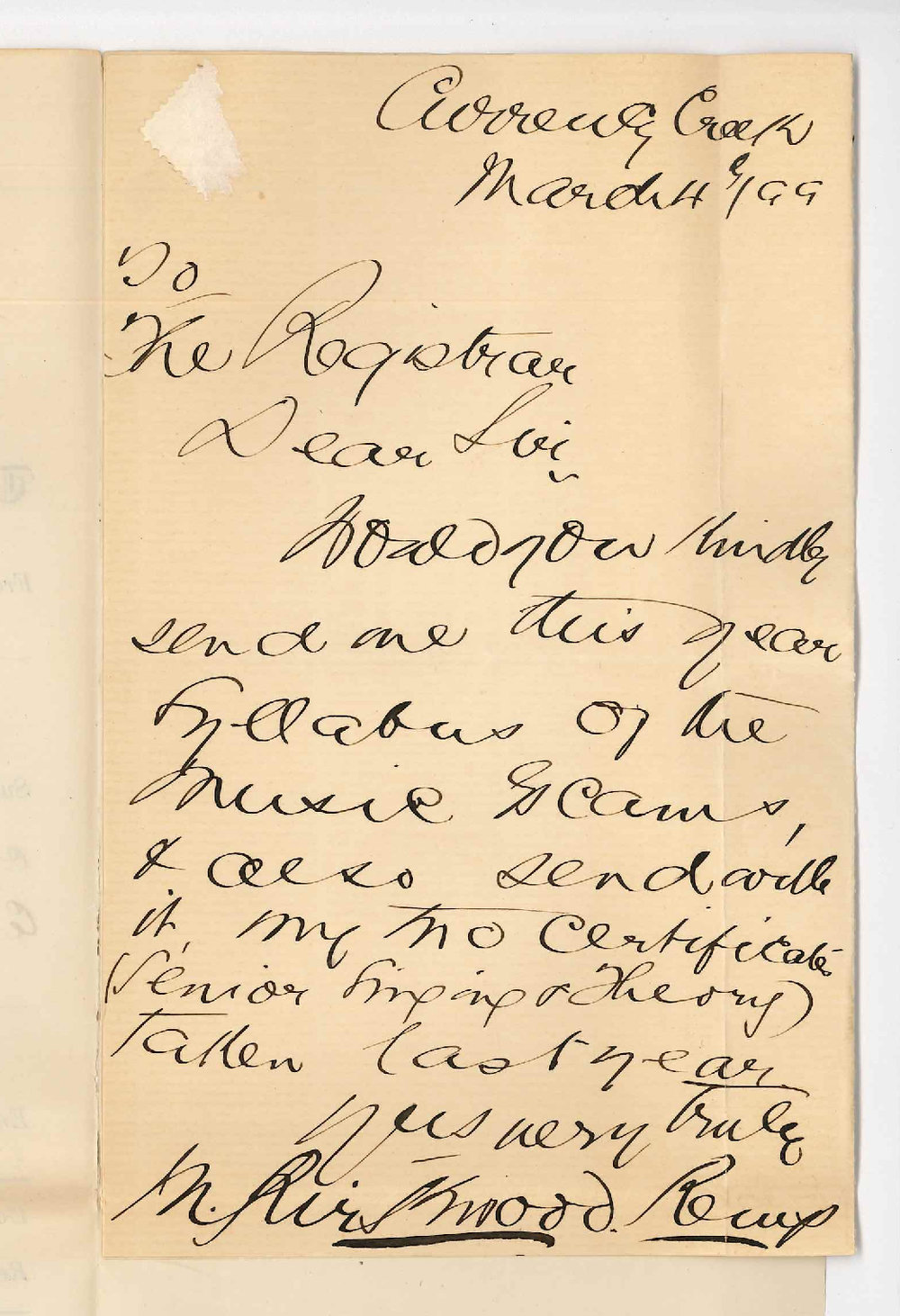 Miss Marion Kirkwood Kemp - Currency Creek - Request for Syllabus of Music Exams and Music Certificates