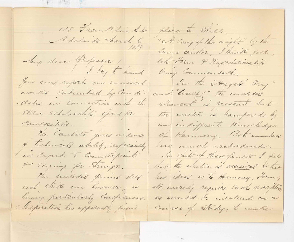 Thomas H Jones - Adelaide - Report on Compositions in Elder Scholarships