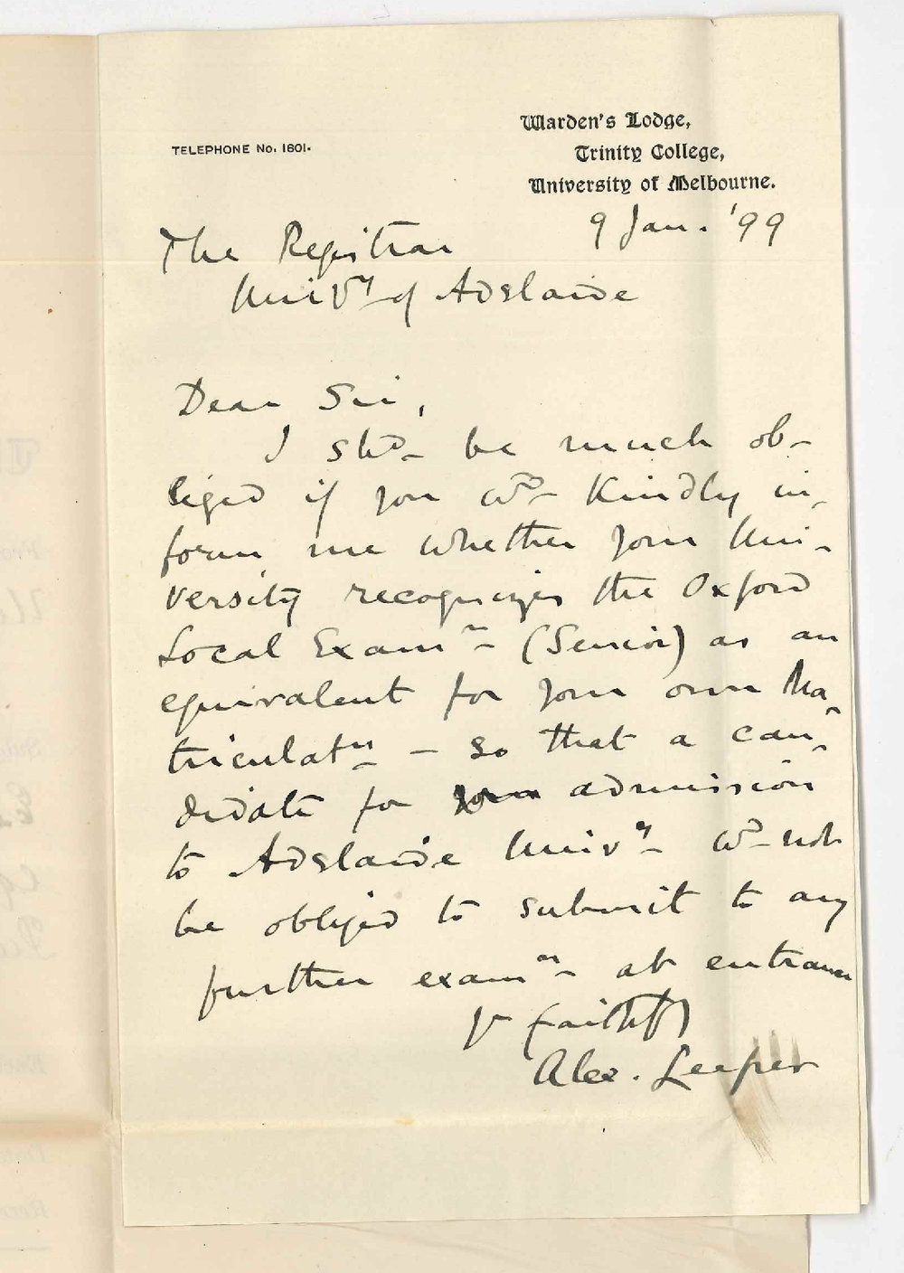 Alex Leeper - University of Melbourne - Whether Oxford Local Examination Senior is an equivalent for Senior Public in Adelaide