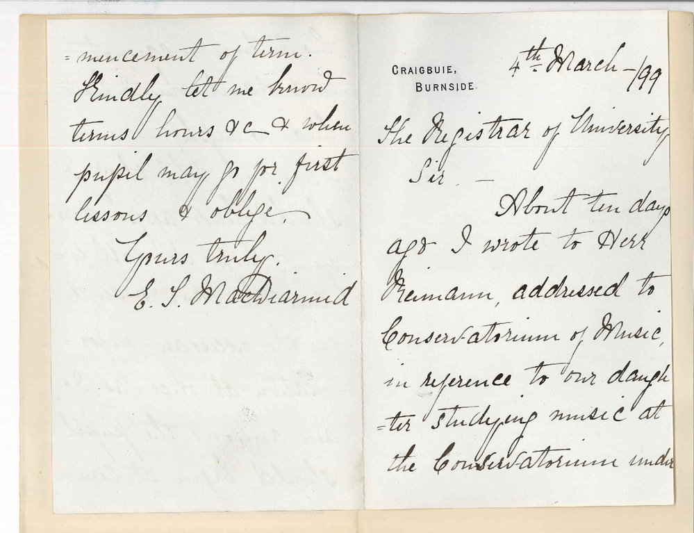 Mrs E T MacDiarmid - Burnside - Daughter wishes to become Student at Conservatorium