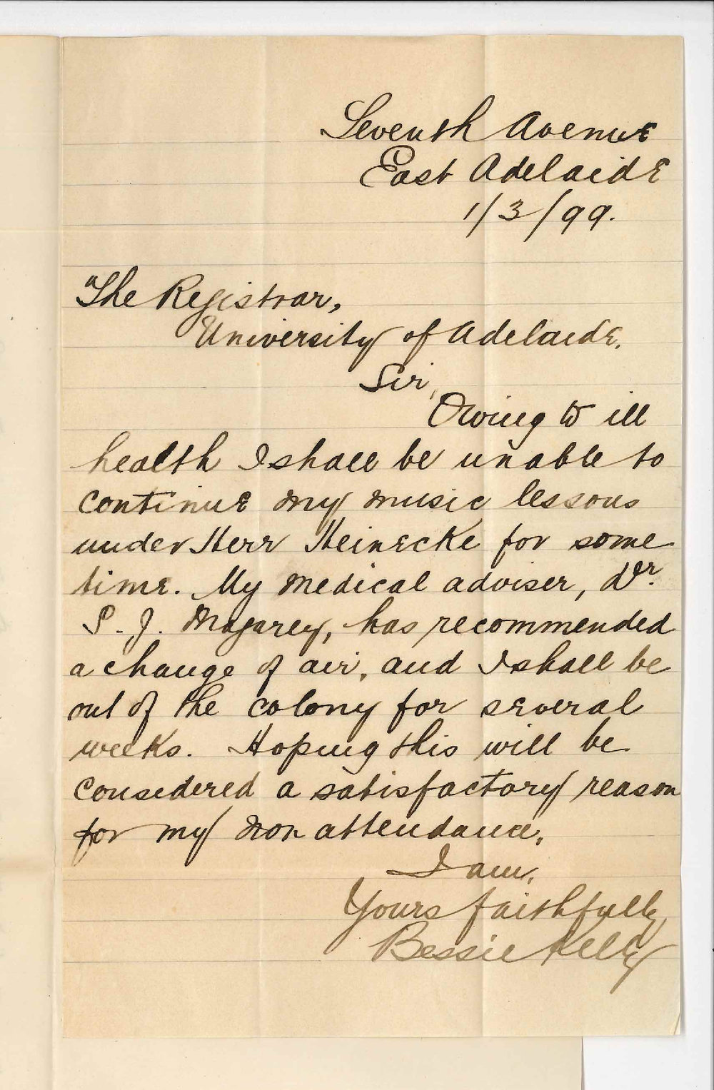 Miss Bessie Kelly - East Adelaide - Will discontinue lessons at Conservatorium