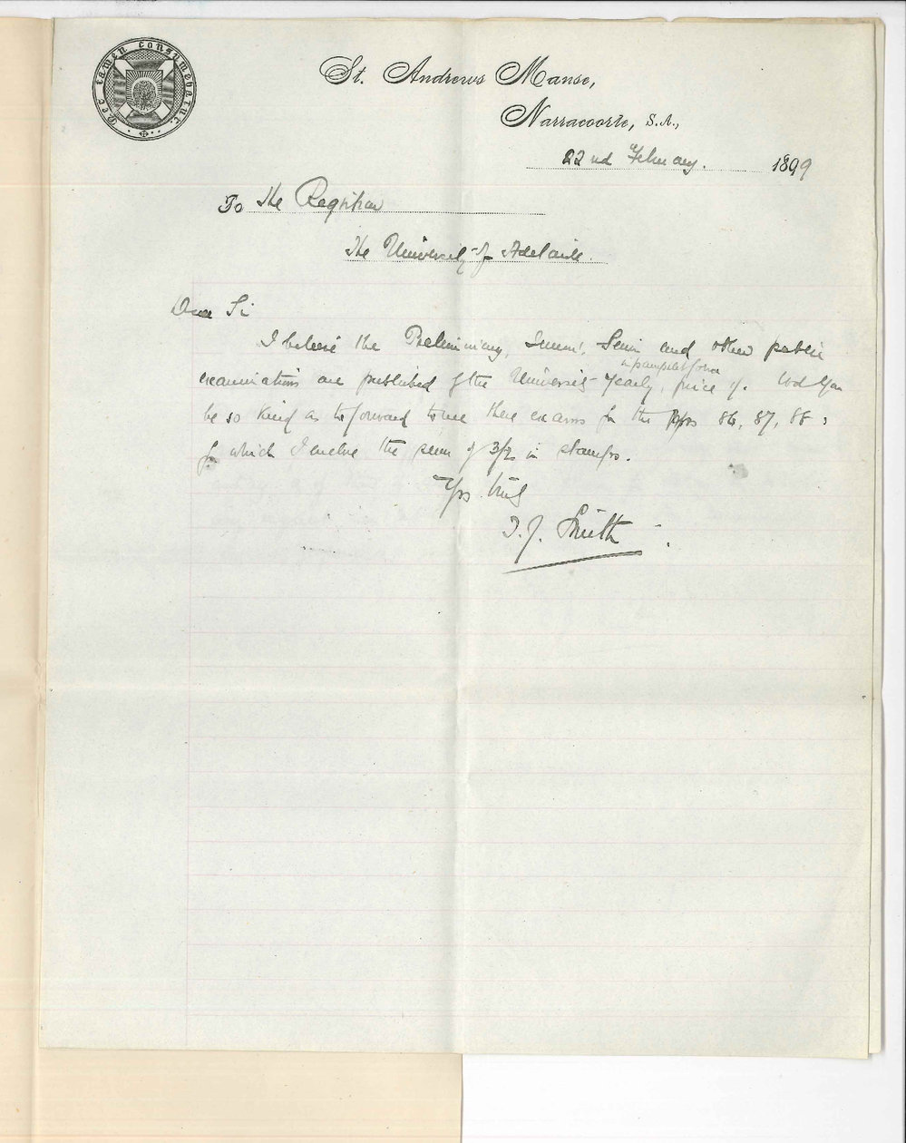 Reverend T J Smith - Narracoorte - Request for Preliminary Pamphlets 1896 1897 1898