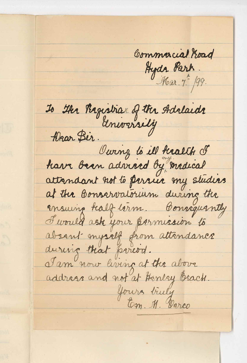 Miss E M Verco - Hyde Park - Will not be able to continue lessons at Conservatorium