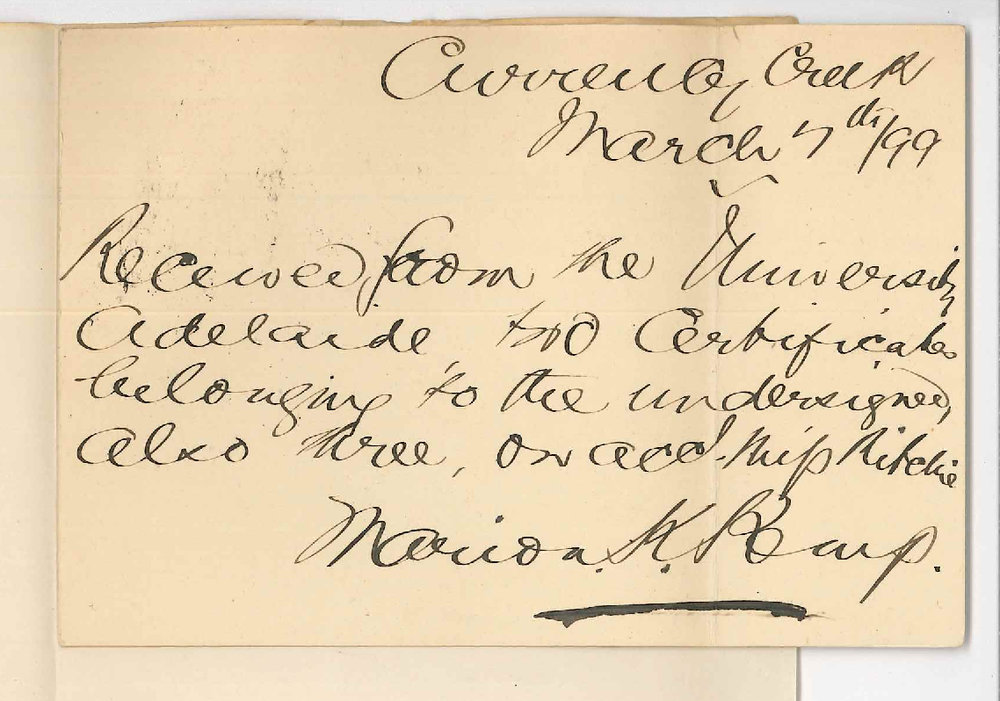 Miss Marion Kirkwood Kemp - Currency Creek - Acknowledging receipt of Certificates