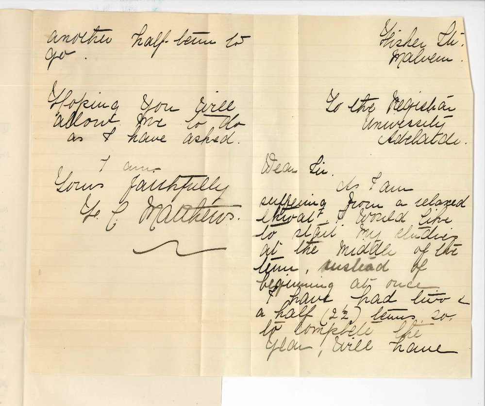 Miss F C Matthews - Fisher Street Malvern - Permission to commence studies at Conservatorium at beginning of Half Term