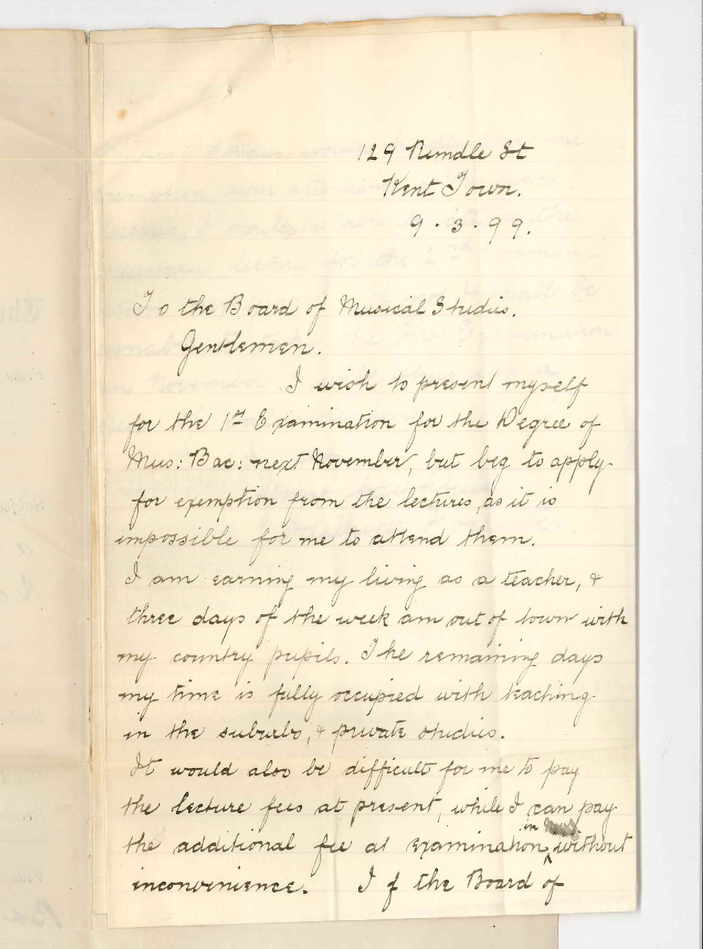 Miss Adelaide V Forrester - Kent Town - Exemption from attendance on Lectures in Music Bachelor Course