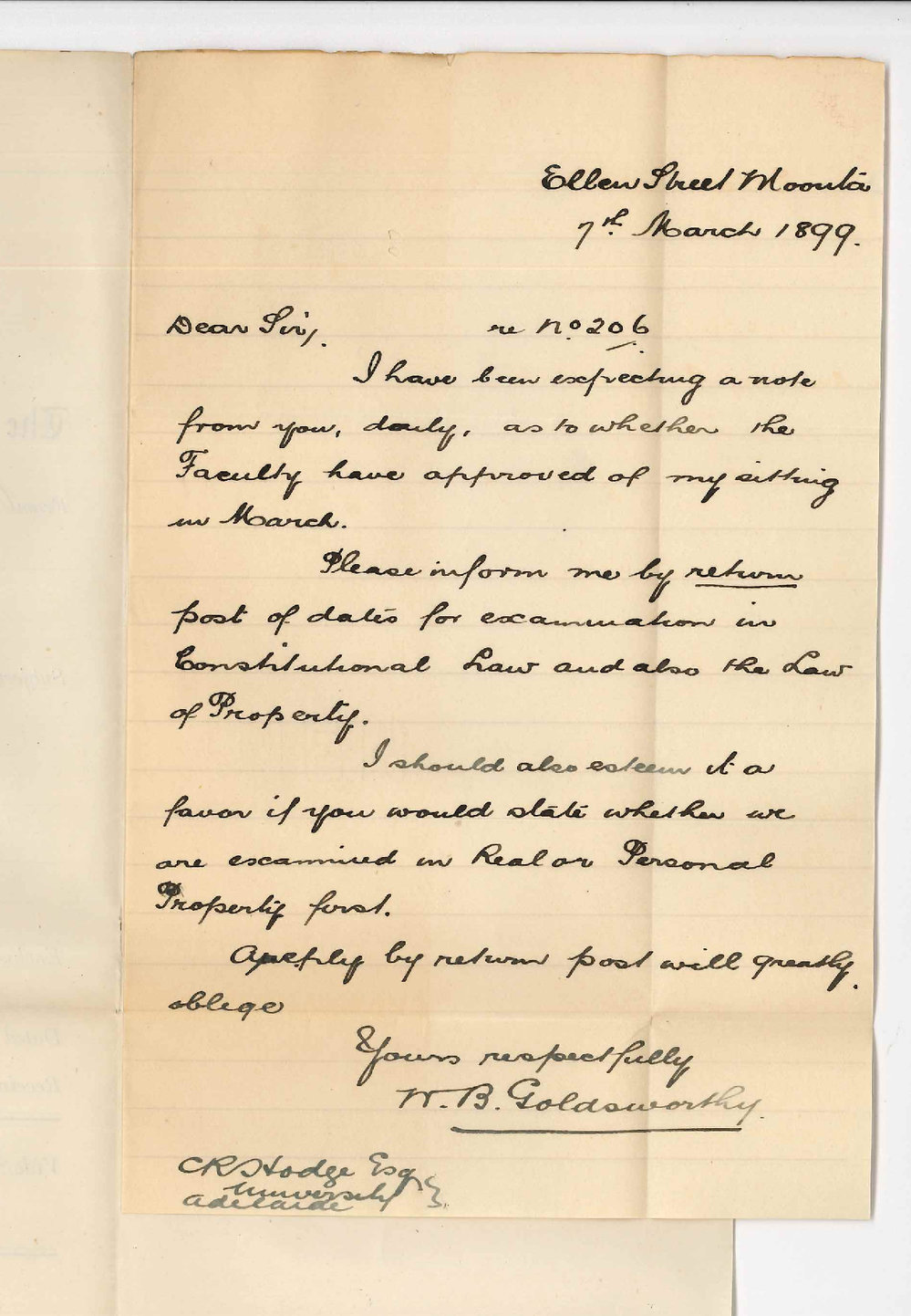 William Beazley Goldsworthy - Moonta - Regarding Law Examinations