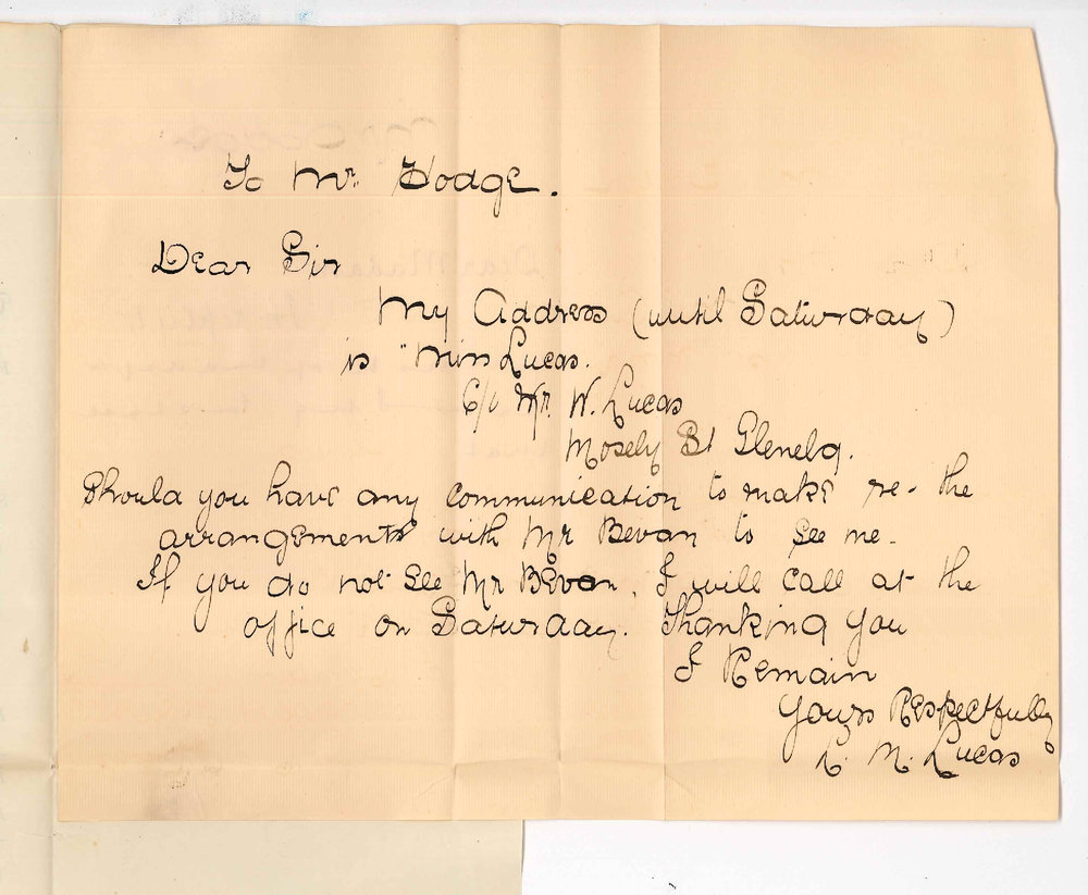 L M Lucas - Glenelg - Will call at office on Saturday