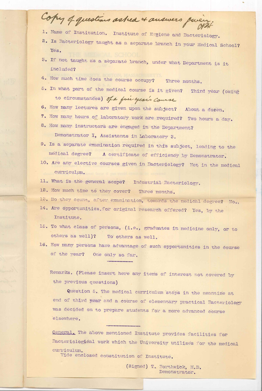 Dr Harold C Ernest - Harvard University - Information concerning instruction of Bacteriology