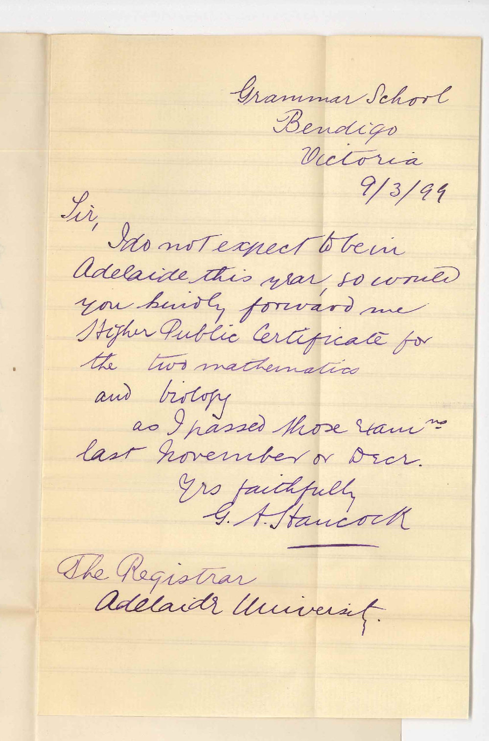 G A Hancock - Bendigo Victoria - Request for Higher Public Certificate