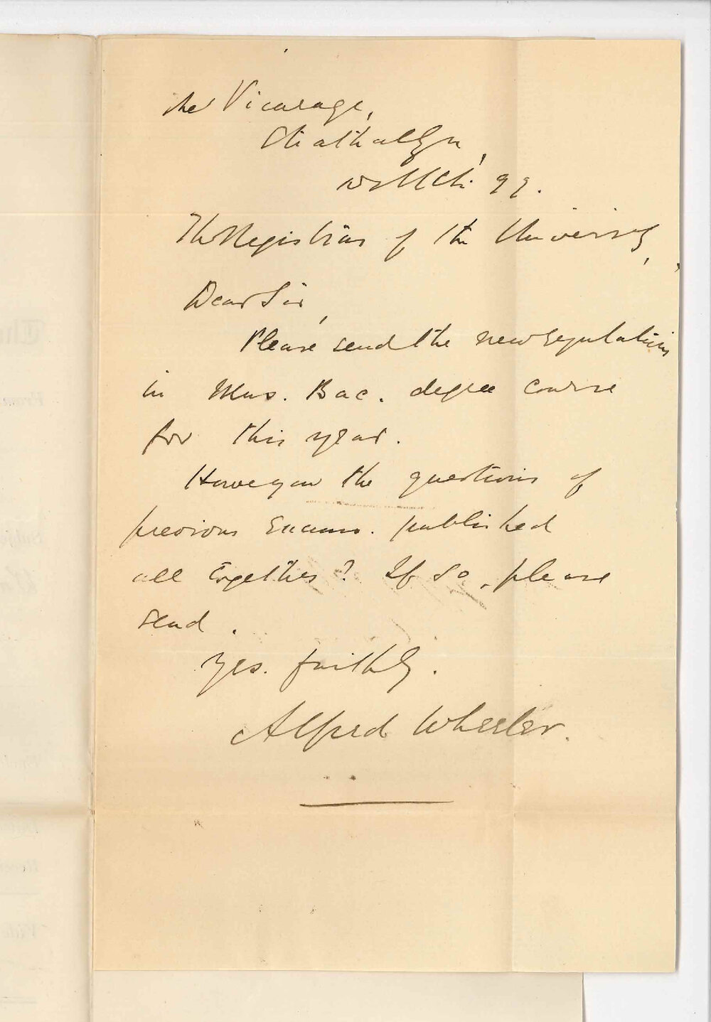 Alfred Wheeler - Strathalbyn - Request for Mus Bac Pamphlet