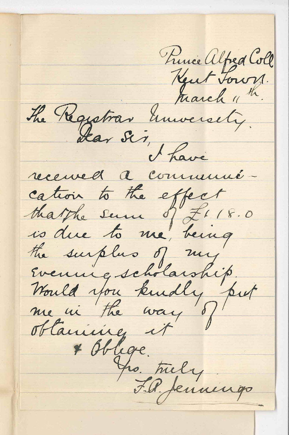 F A Jennings - Prince Alfred College - Request for surplus of Evening Scholarship