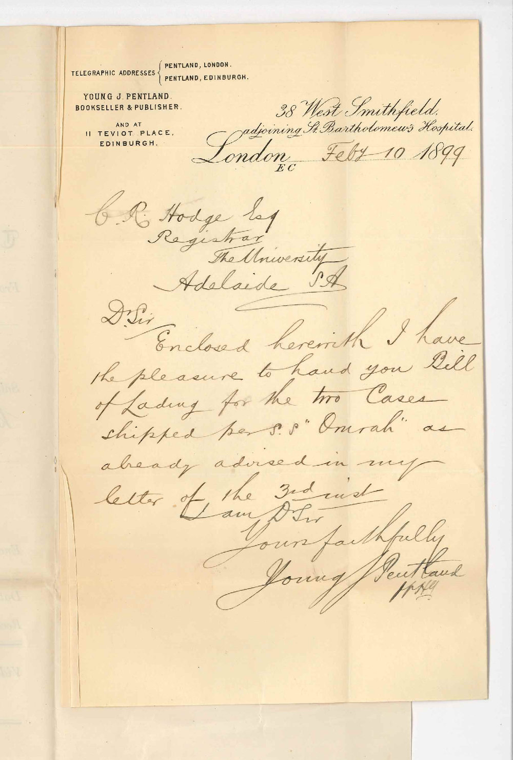 Young J Pentland London - Forwarding Bill of Lading