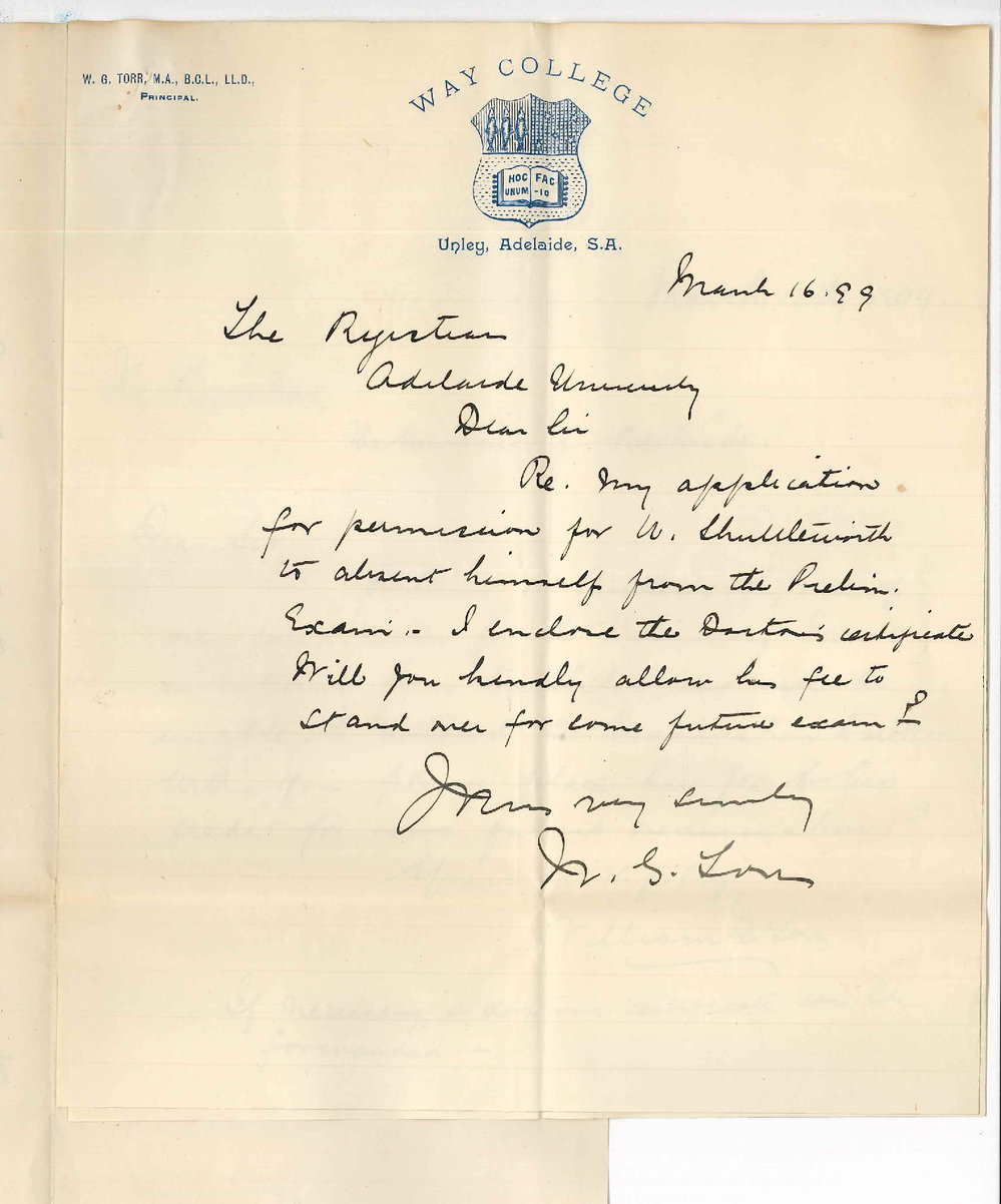 William George Torr - Way College - Unley - Withdrawing W H Shuttleworth from Preliminary
