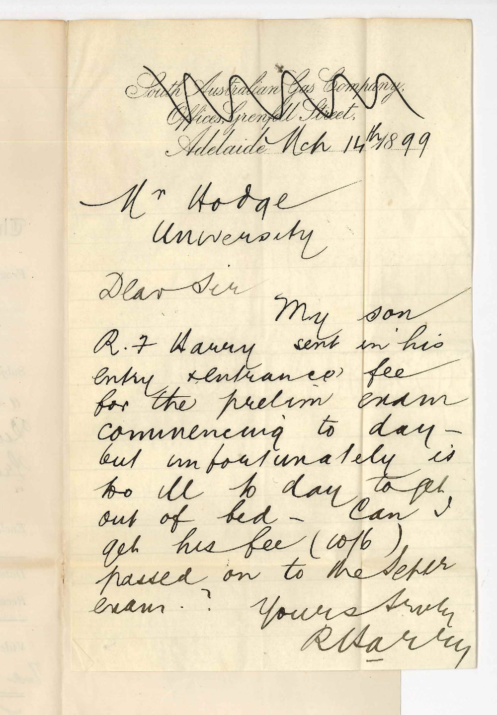 R Harry - Adelaide - R F Harry not able to attend Preliminary Examination