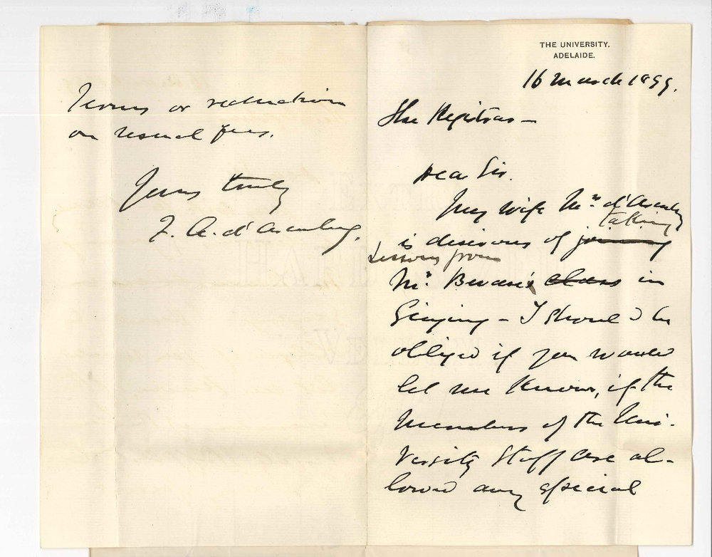 Frederick Augustus d'Arenberg - University - Concerning Mrs d'Arenbergs studies at the Conservatorium